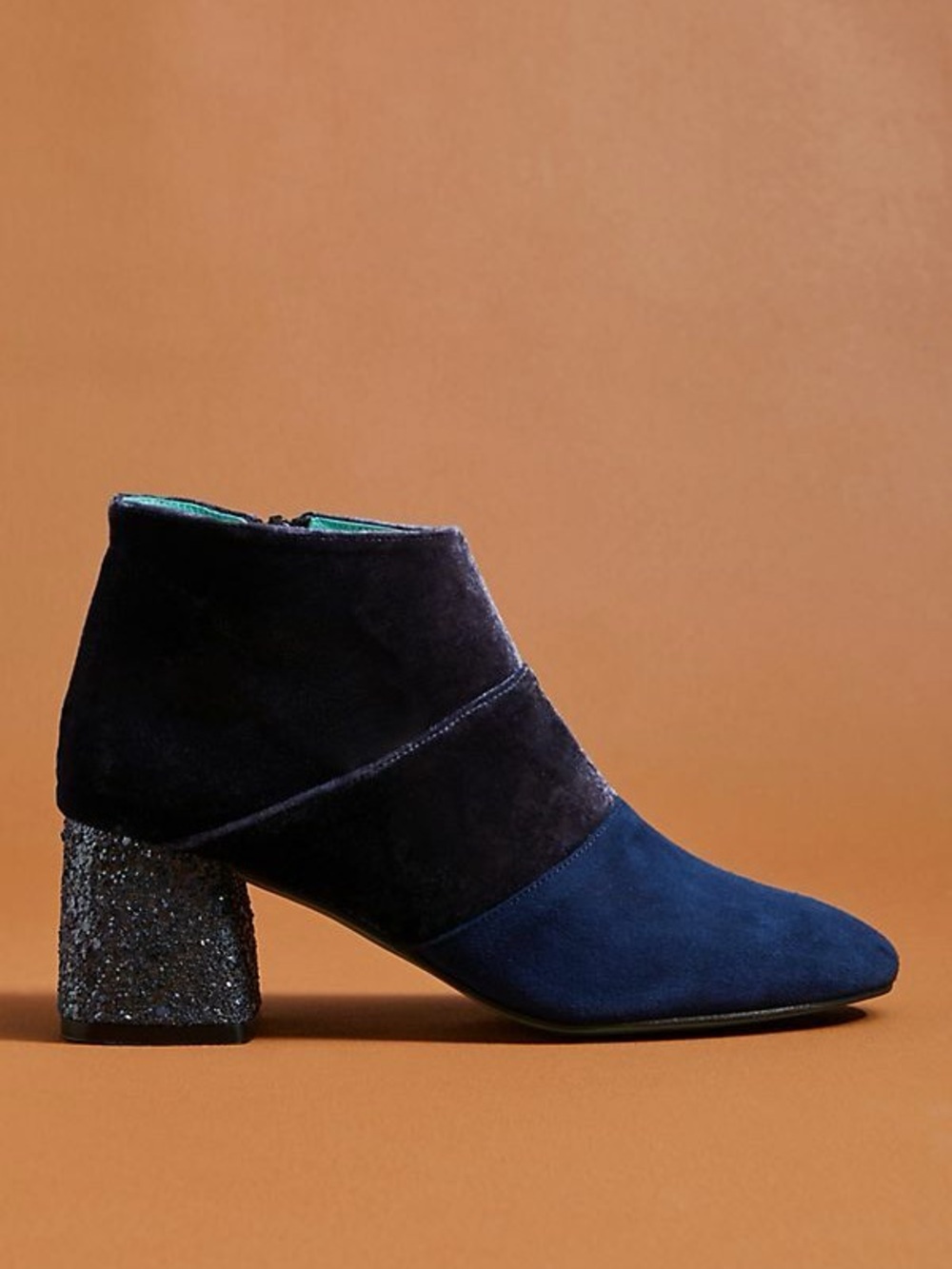NWOT❗️Anthropologie LAB Two-Tone Navy Suede Velvet Glitter Block Heel Ankle Boot